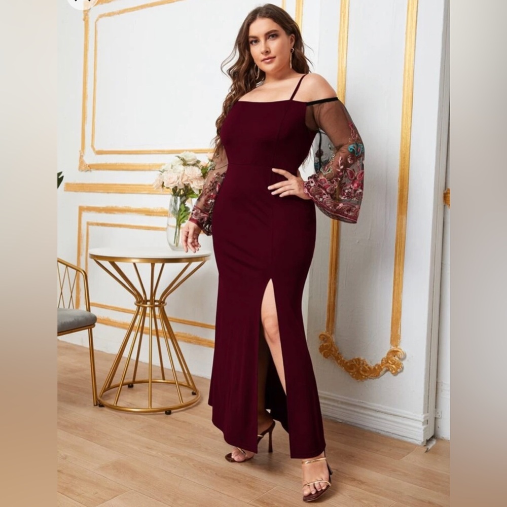 Belle Plus Embroidery, Mesh Sleeve, Split Thigh Colorful Burgundy Dress- 1X & 2X